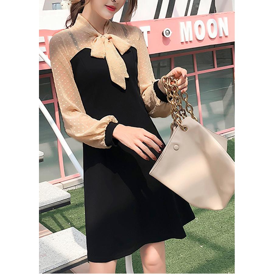GOTI - Đầm Suông Nữ Nhẹ Chữ A Phối Voan Cột Nơ Cao Cấp 3192