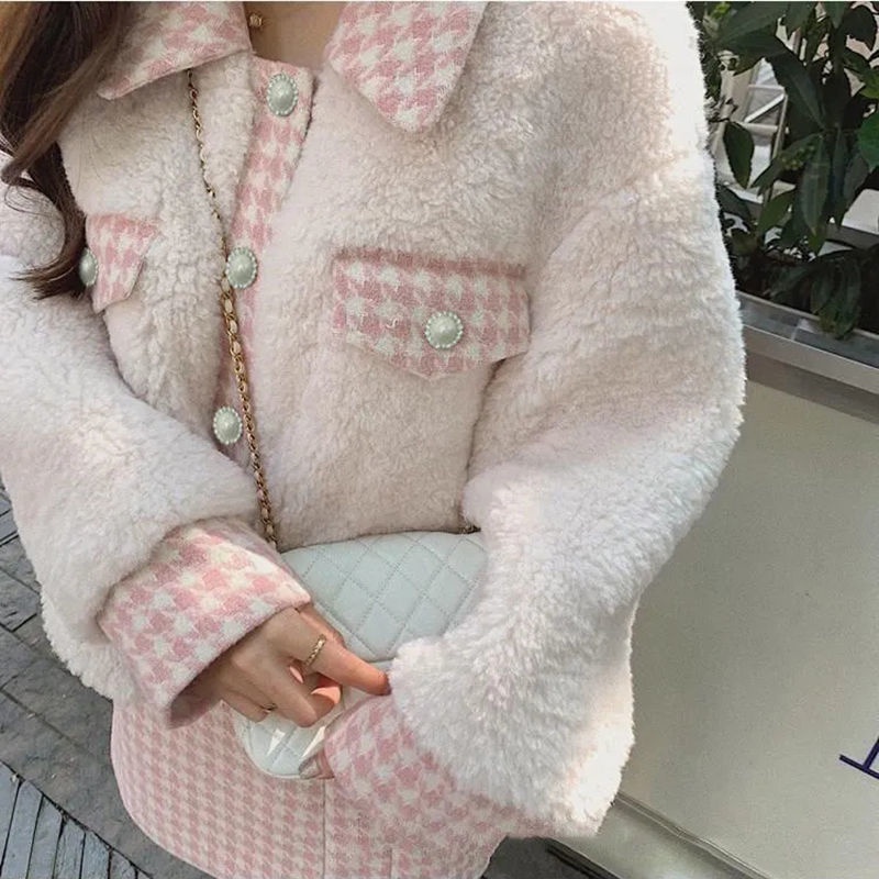 【Bán trước】Set áo khoác lông cừu phối chân váy ngắn phong cách Hàn Quốc thời trang cho nữ