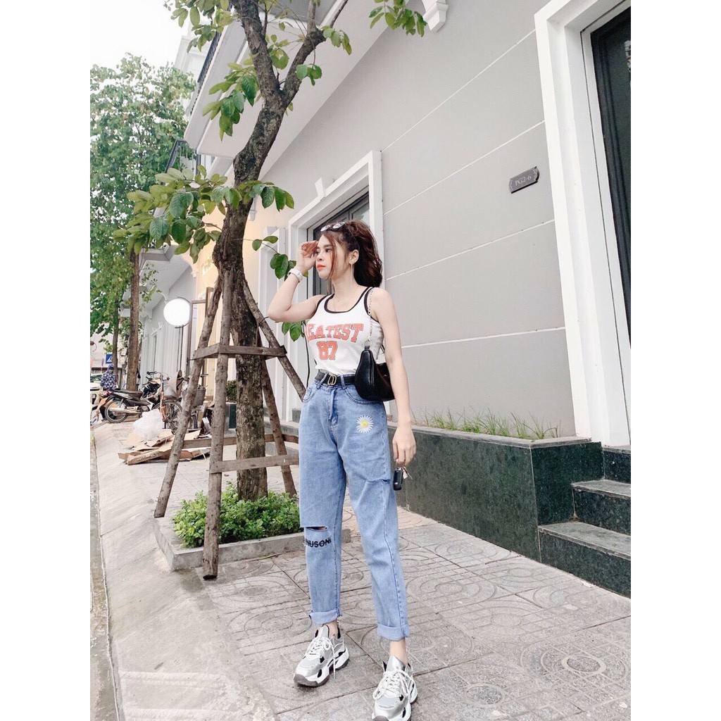 FS50K_Quần Baggy Jean Trơn Và Rách Thêu Hoa Cúc Đẹp Mê Ly - 407