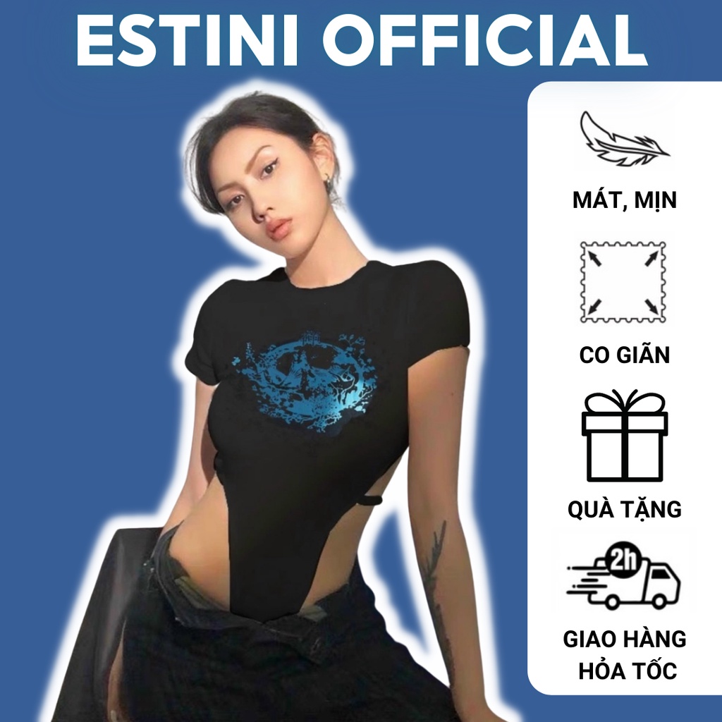 Áo bodysuit ESTINI khoét eo sexy in hình hot Tiktok Vải borip gân chất siêu đẹp, mịn