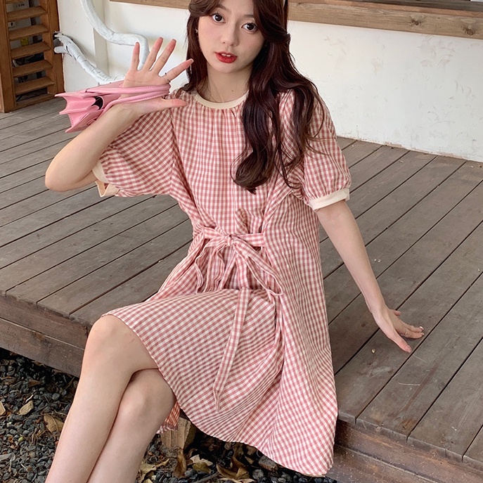 Đầm chữ A SUXI ngắn tay cổ tròn kẻ sọc caro phong cách Hàn Quốc thời trang hè cho nữ