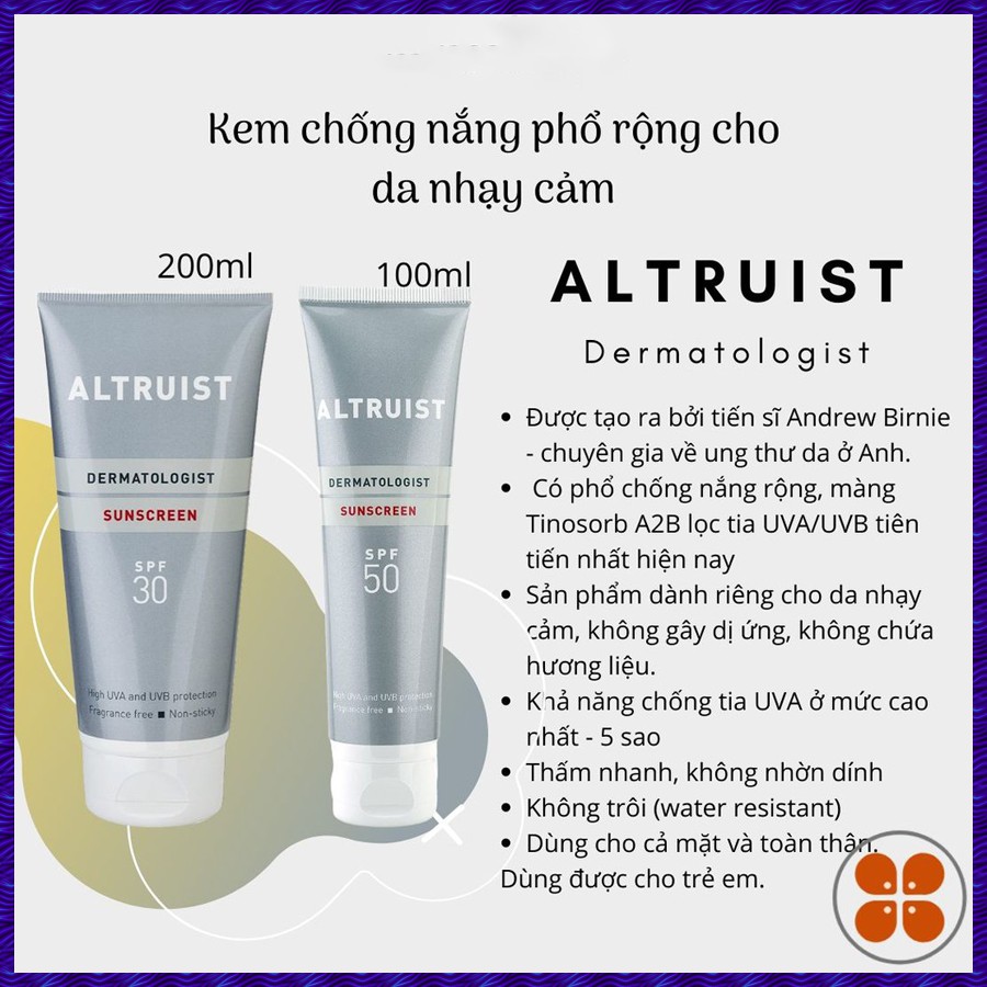 [CHÍNH HÃNG ENGLAND]Kem chống nắng Altruist Dermatologist Sunscreen SPF30 / SPF50