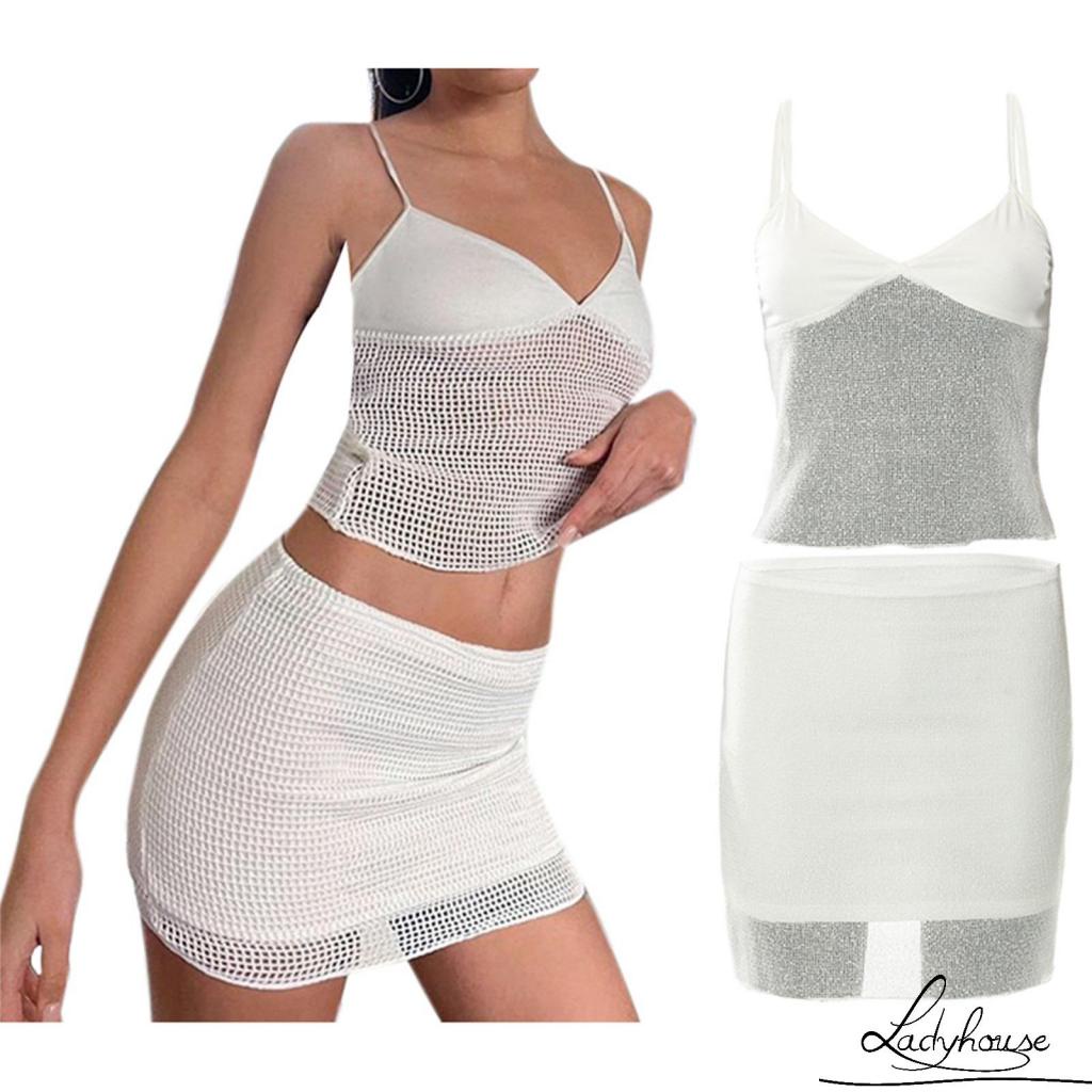 Bộ Áo Crop Top Cổ Chữ V + Chân Váy Lưng Cao Phối Lưới Thời Trang Đường Phố Cho Nữ