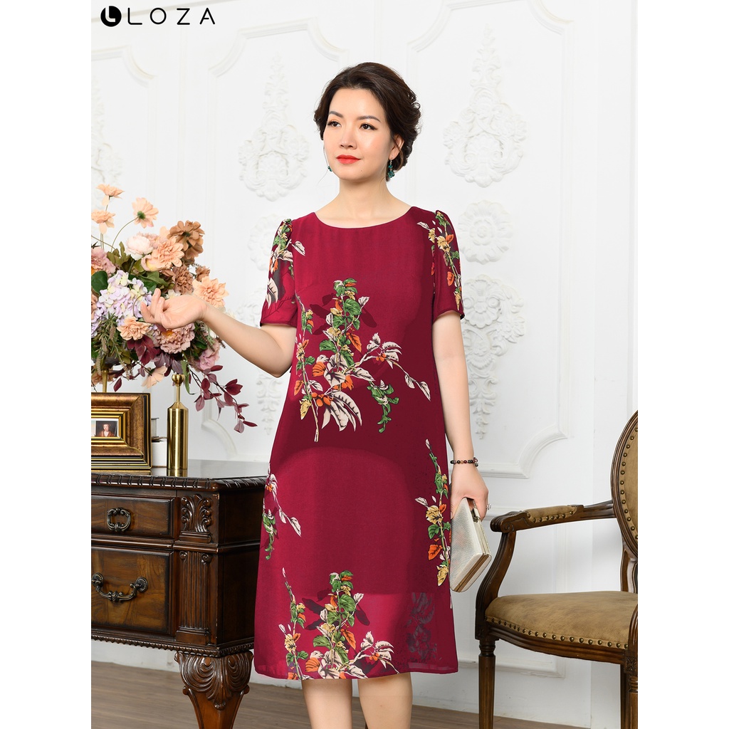 Đầm trung niên LOZA dáng suông tay cộc đỏ- LAD061012