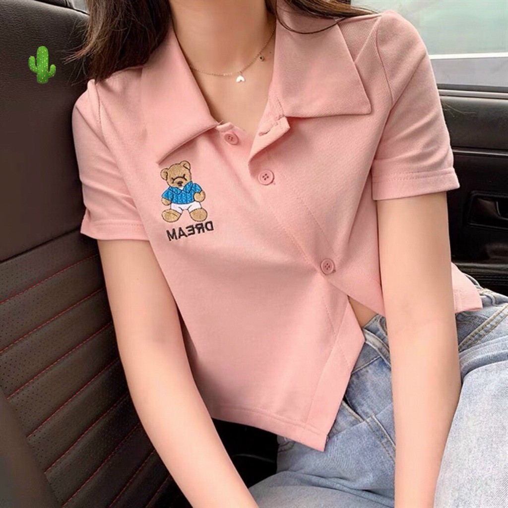 Áo thun polo cài cúc xéo thêu chú Gấu DREAM dễ thương TTPK0053