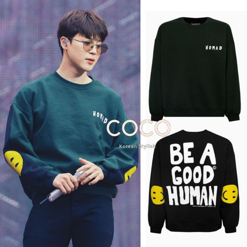 Sweater áo dài tay cổ tròn hình mặt cười BE A GOOD HUMAN