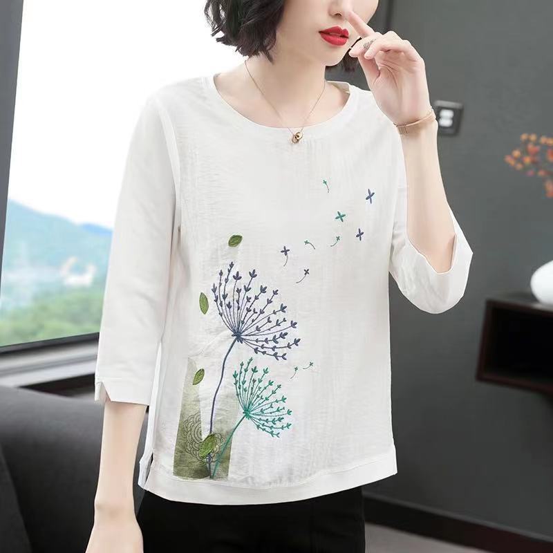 Áo thun tay dài dáng rộng cổ tròn cỡ lớn thời trang cho phụ nữ trung niên