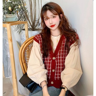 Set áo gile len cúc gỗ cổ điển và áo sơmi tay bồng dễ thương Hàn Quốc