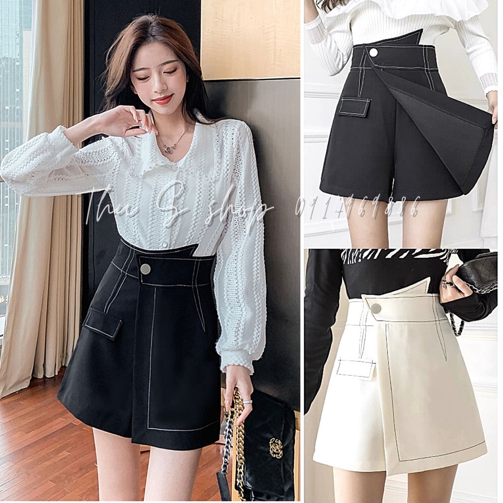 Quần giả Váy Chỉ Nổi Cạp Chéo viền Chỉ Cạp Cao