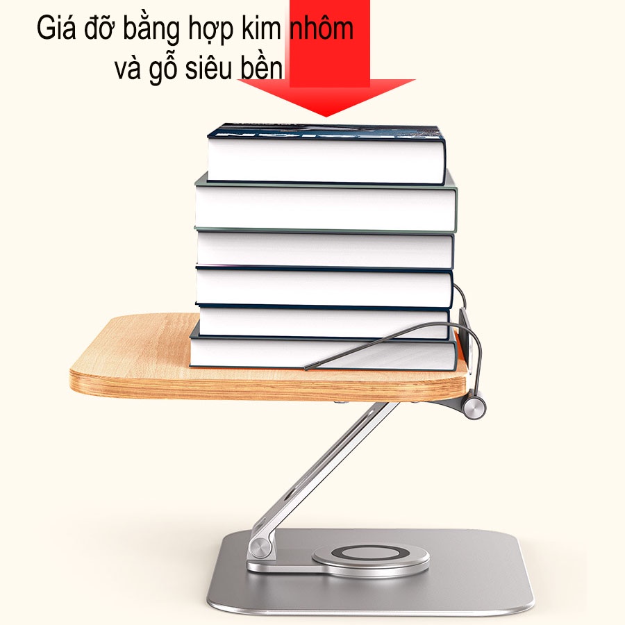 Giá đỡ điện thoại và máy tính bảng, giá kẹp sách xoay 360 độ chịu lực cực tốt, Kẹp điện thoại chất liệu hợp kim nhôm gỗ