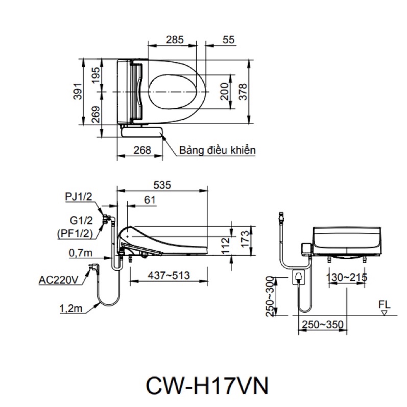 Nắp bồn cầu thông minh điện tử Inax CW-H17VN  Shower Toilet chính hãng gắn vừa hầu hết các mã bồn cầu Inax hiện nay