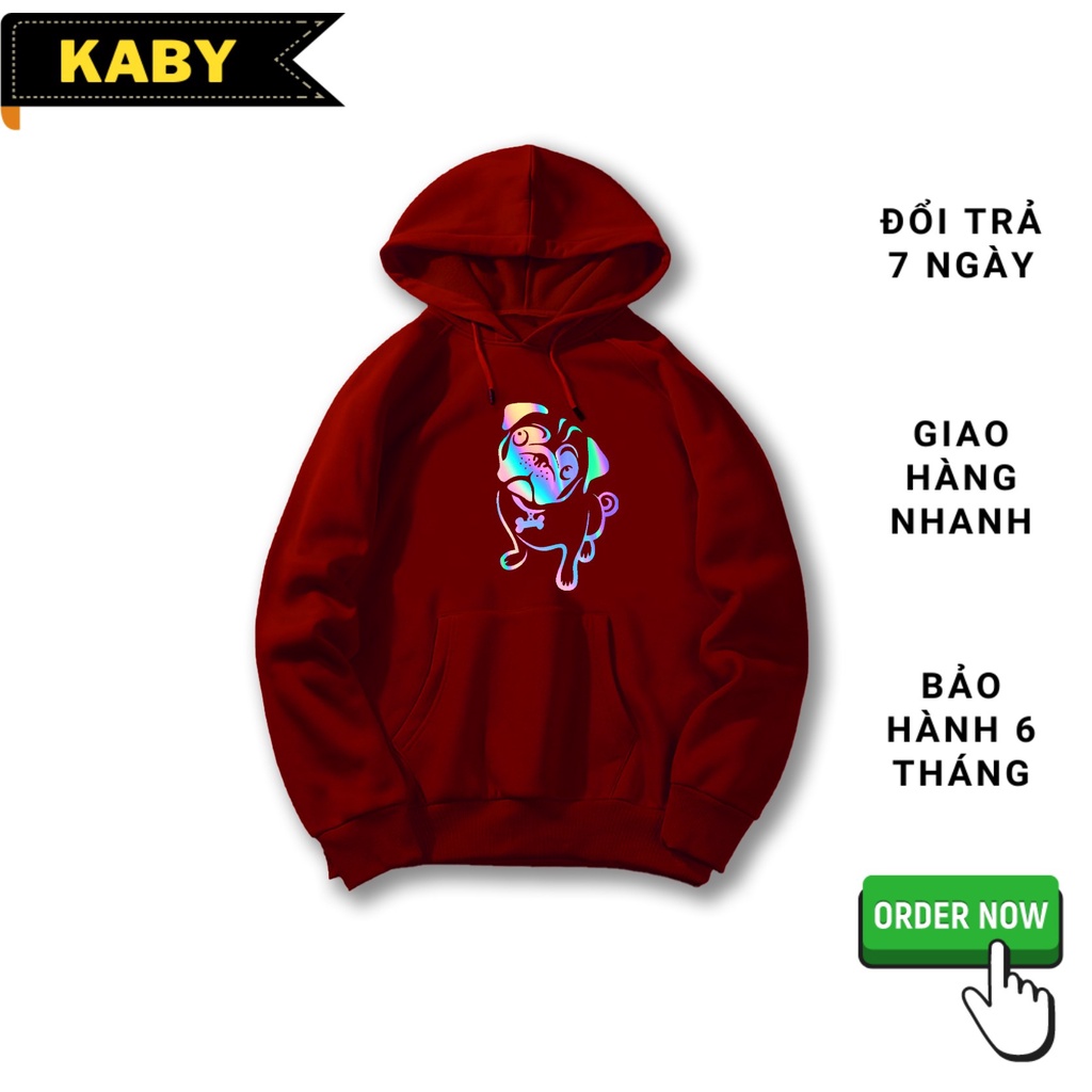 Áo khoác nữ nỉ màu đỏ đô in hình chó pug phản quang độc đáo dễ thương KN29