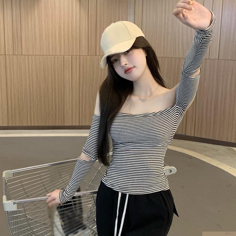 Áo thun tay dài trễ vai họa tiết kẻ sọc màu sắc thời trang quyến rũ tùy chọn kích thước cho nữ