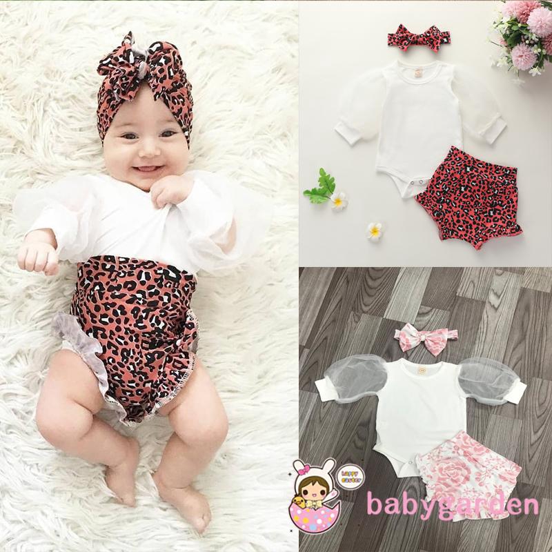 Set romper tay dài+quần đùi+băng đô xinh xắn đáng yêu dành cho bé