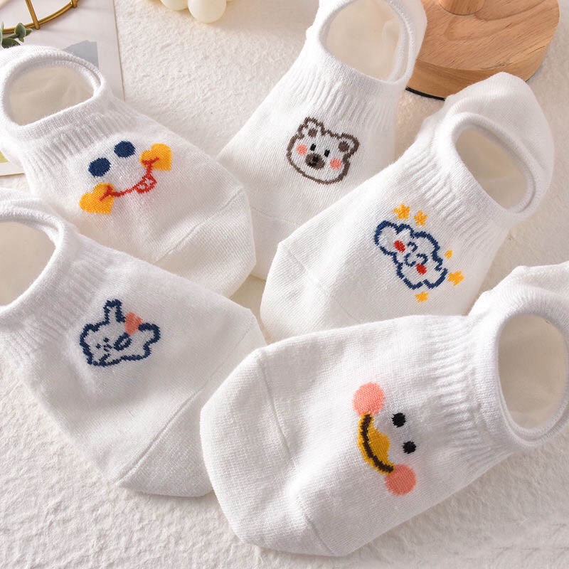 Tất nữ Choobe cổ ngắn cotton lười thấp co giãn tốt cao cấp thời trang họa tiết dễ thương set 5 đôi màu trắng PK23