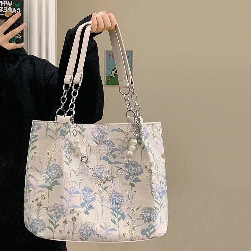 Túi tote vải hình hoa túi đeo vai nữ cỡ lớn canvas bo viền kèm quai tết khăn đi học đi chơi đi làm