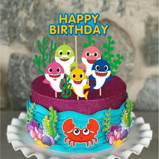 10 thẻ cắm cá mập baby shark trang trí bánh kem sinh nhật, topper cake