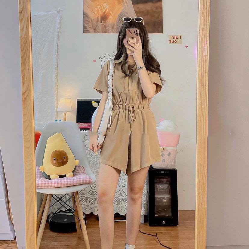 Jumpsuit sơ mi rút eo zip ngực phong cách Hàn quốc nữ tính #64607