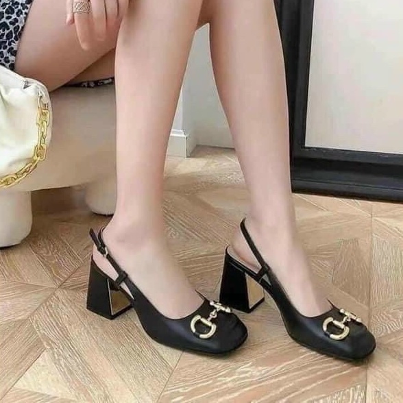 Giày cao gót nữ, Sục nữ quoai sau bịt mũi 7cm da thật cao cấp 2 màu đen , trắng sezi 35_39