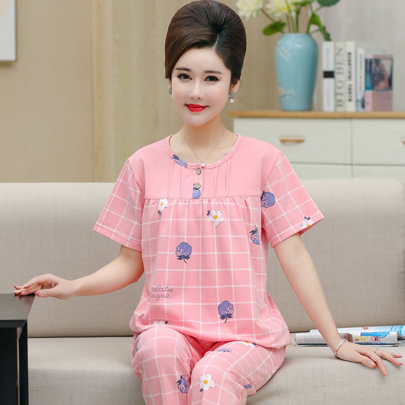 Đồ ngủ & Đồ mặc nhà✕✿►Đồ ngủ bà mẹ trung niên quần dài cotton mùa hè ngắn tay cho người và già size lớn phù h