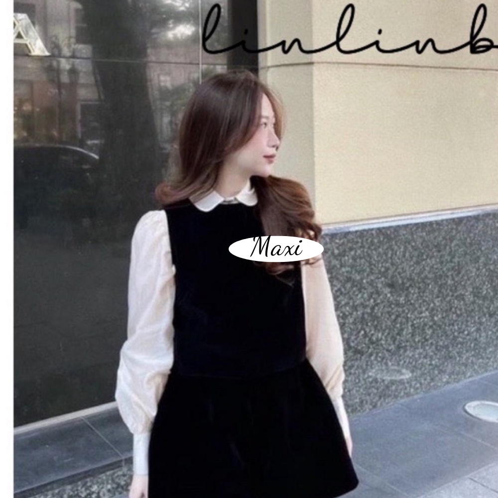 Set nhung 3 món áo sơ mi voan be + áo gile phối cúc + quần short nhung