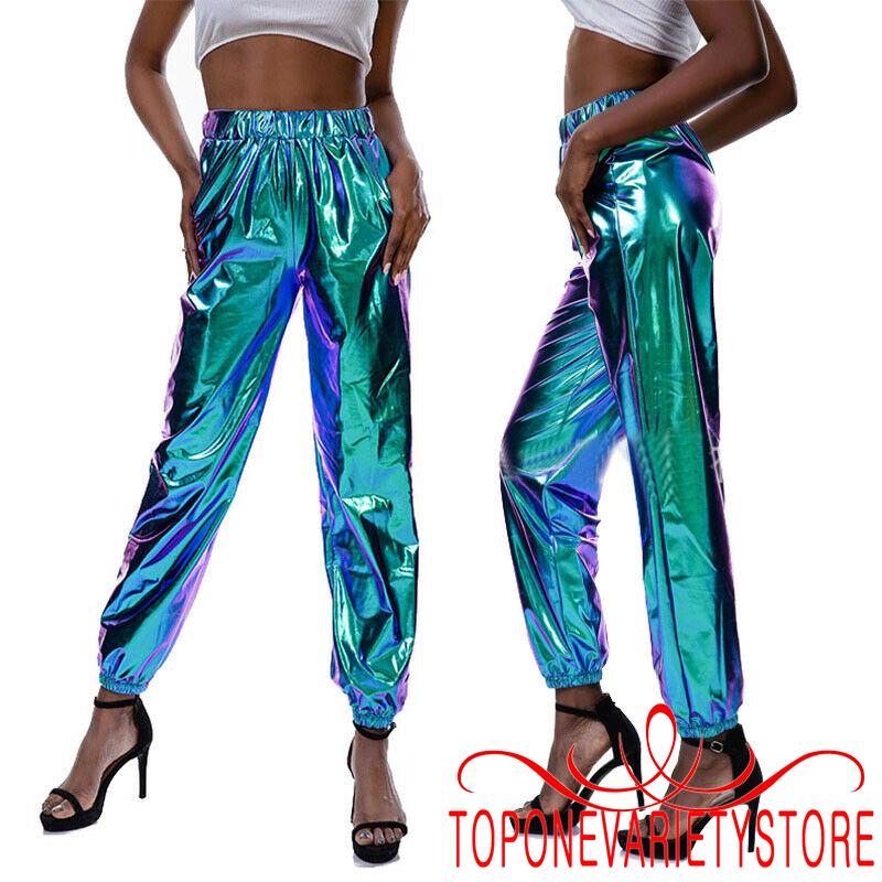Quần jogger lưng cao thiết kế màu Holographic phong cách hiphop thời trang cho nữ