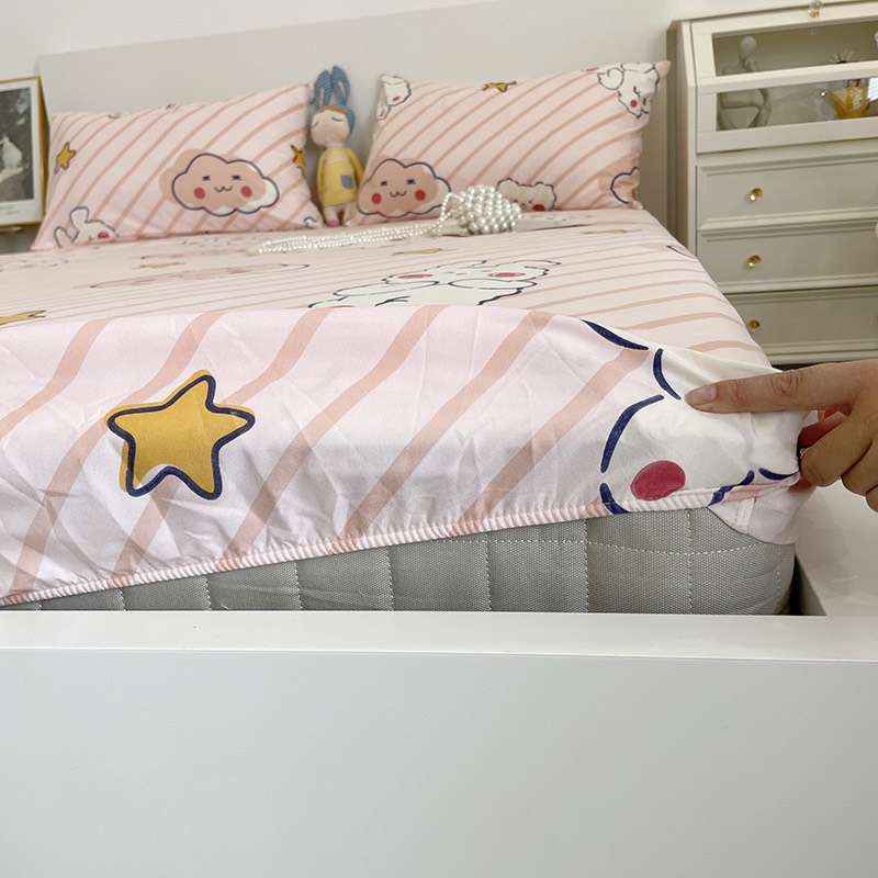 Bộ ga gối ETAMI drap giường cotton poly 5D, ga trải giường + 2 vỏ gối nằm màu mây hồng