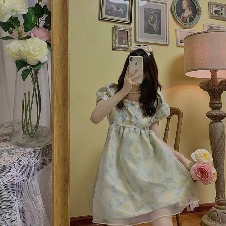 Đầm Chữ A Lưng Cao Mùa Hè Màu Xanh Lá Trà Xanh Lá Phong Cách Mới Cho Nữ Sinh