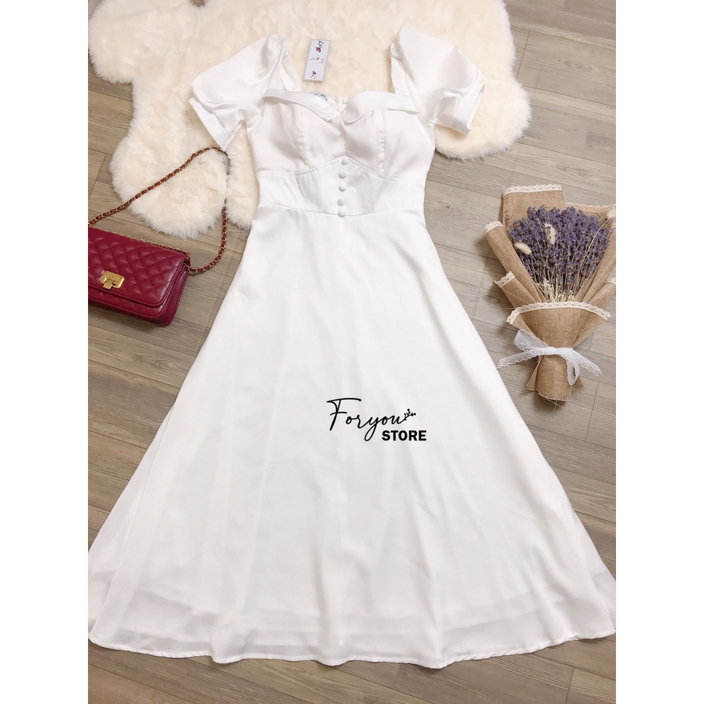 Flora Dress - Váy trắng tay bồng FORYOU dàng dài phối cổ vuông, đầm thiết kế dự tiệc | BigBuy360 - bigbuy360.vn