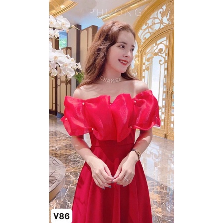ĐẦM TIỆC ĐỎ XOÈ TRỄ VAI_V86 (Ảnh kèm video tại shop)