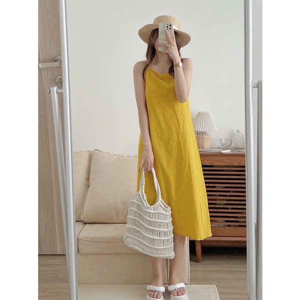Đầm 2 dây ĐŨI THÔ buộc dây lưng dáng dài maxi mùa hè 2 màu vàng, trắng (Ảnh cận chất)