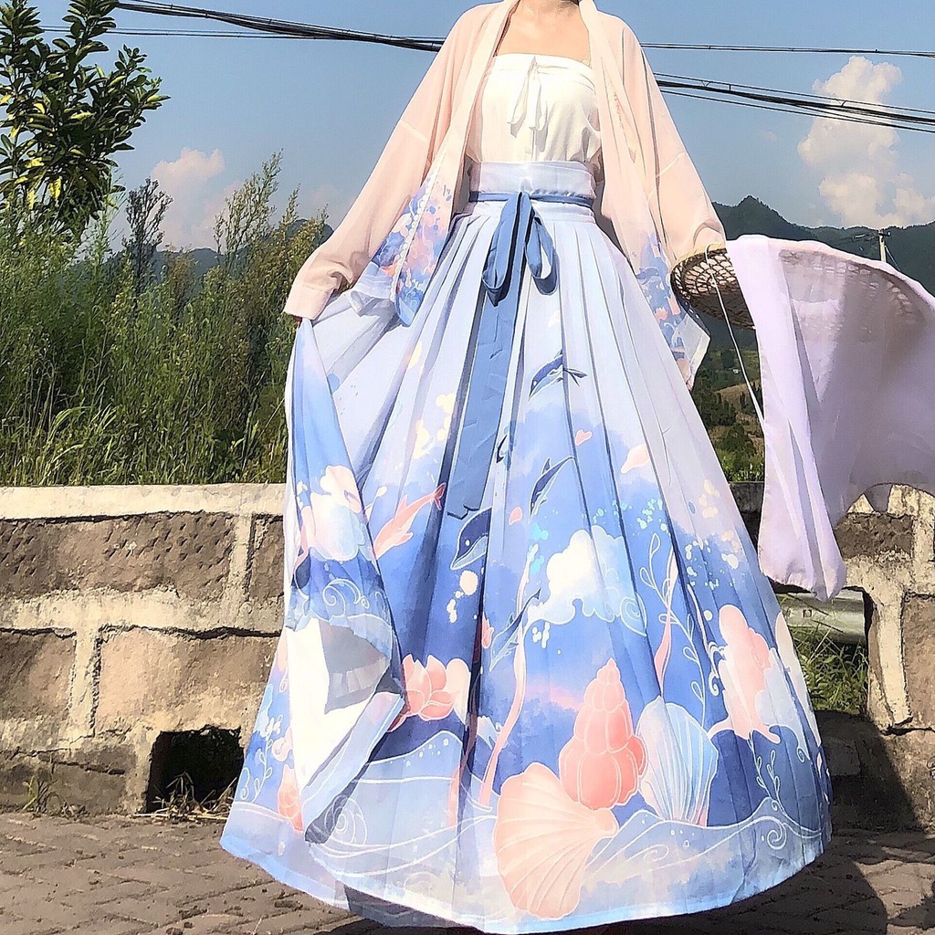 Váy Xếp Ly Mỏng Ngắn Tay Phong Cách Hanfu Cá Tính Qian Wanju 07.15