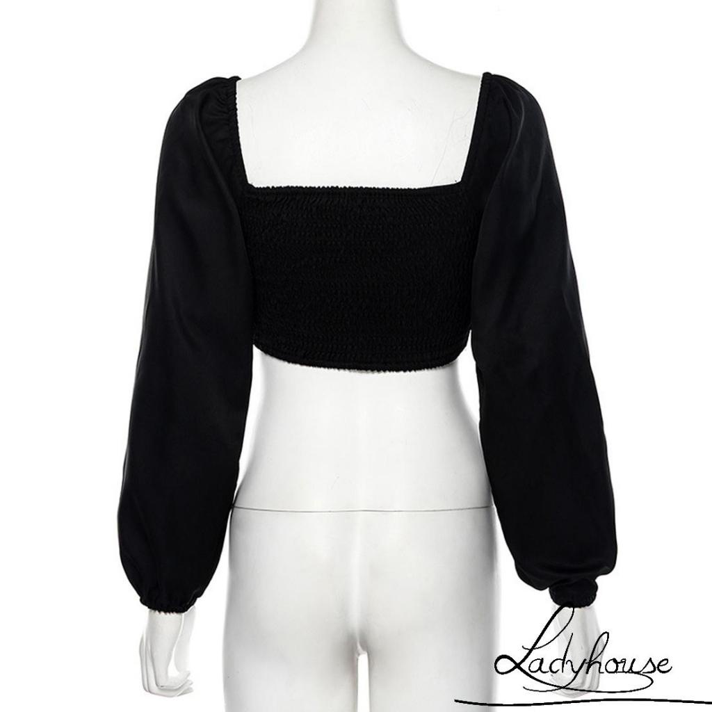 Áo Ngắn Tay Dài Cổ Chữ V Màu Trơn Có Dây Cột Gợi Cảm Cho Nữ