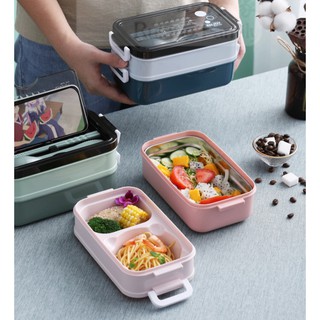 HỘP CƠM 2 TẦNG RUỘT INOX GỒM CHÉN CANH, MUỖNG ĐŨA