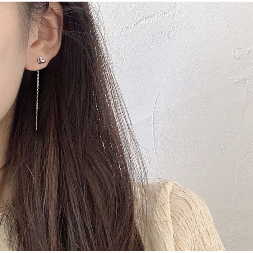 khuyên tai bạc nữ tim phồng tua dài basic TleeJewelry B0142