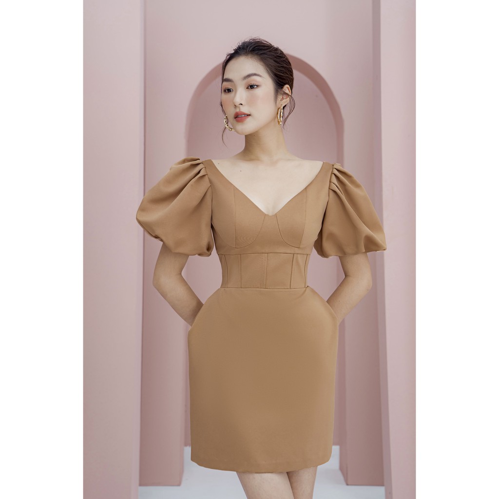 MOLLYNISTA - Đầm Bobbie nâu tay phồng xếp bí | BigBuy360 - bigbuy360.vn