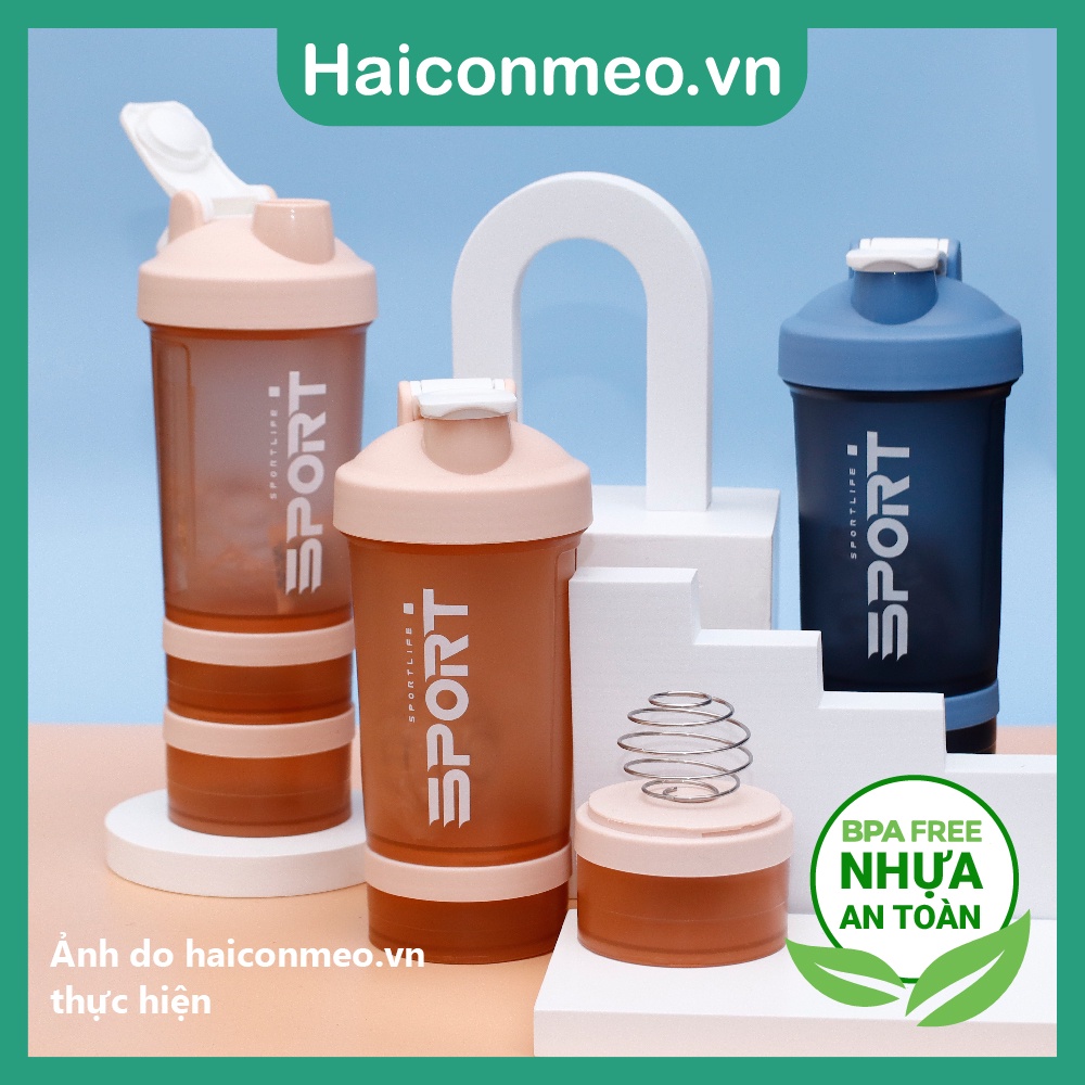 Bình lắc shaker whey SPORT Nhựa PP số 5 tập gym shaker pha sữa protein kèm 2 hộp đựng bột và quai xách 750ml