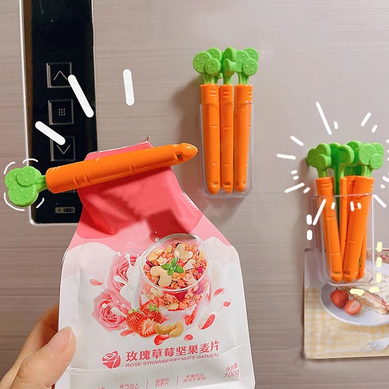 Set 5 kẹp túi thức ăn hình củ cà rốt dễ thương chống ẩm mốc có nam châm gắn tủ lạnh tiện dụng