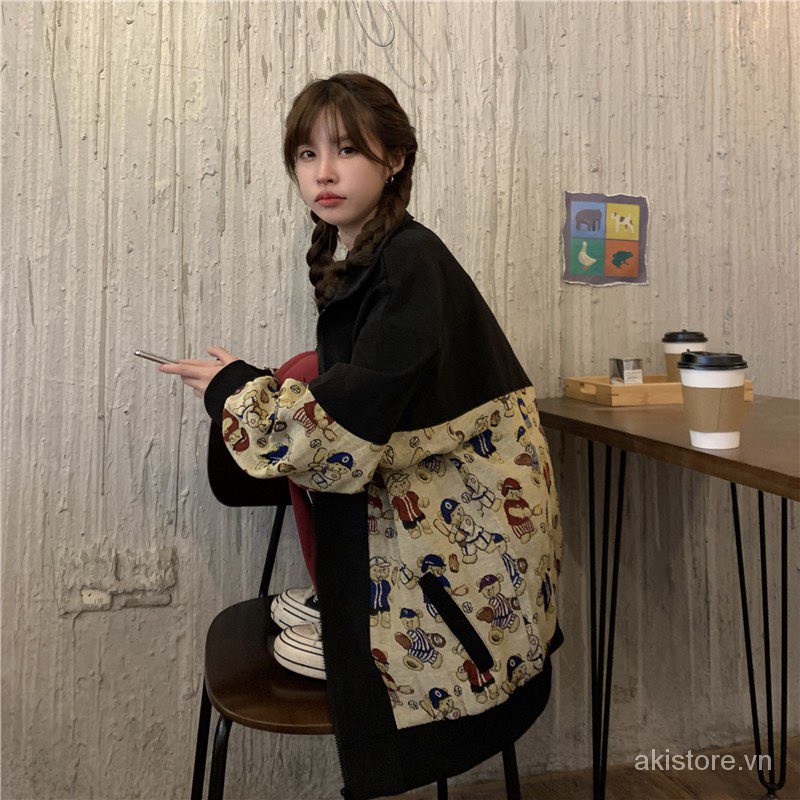 M-2XL Bigsize 95kg Áo khoác bóng chày nữ form rộng thời trang unisex hàn quốc áo bomber nữ bigsize họa tiết gấu phong cách đi chơi đi học 2AB8