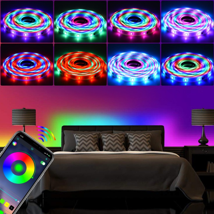 Bộ sản phẩm Led Strip 12v Led RGB chuyên dùng trang trí phòng giải trí, phòng game, chỉnh màu qua App điện thoại.