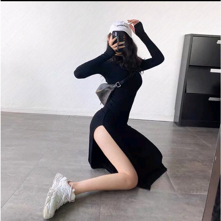 Đầm ôm body xẻ tà 2 bên tay dài xỏ ngón chất thun Borip loại 1 không xù lông Cam Kết Hàng Y Hình ( Size từ 40-53kg )