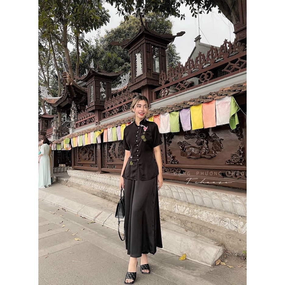 Đồ Lam Nữ Đi Chùa - Thêu Cá Ngọc Vải Lụa Cao Cấp Trang Nhã Kín Đáo_ CG04