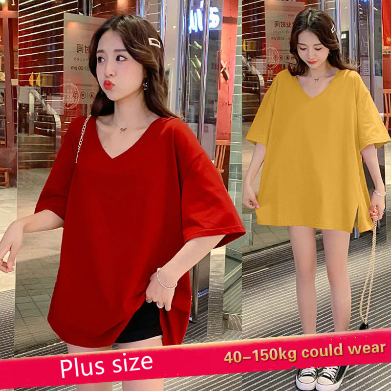 Áo Thun Tay Ngắn Cổ Chữ v Form Rộng Thời Trang Hàn Quốc Cho Nữ  plus size