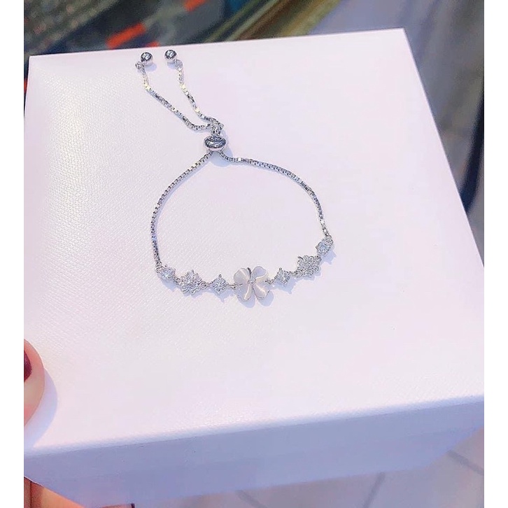 Lắc tay nữ bạc ý, dây rút điều chỉnh size, cỏ 4 lá đá lấp lánh nhẹ nhàng tinh tế Mainomi Shop Bạc Xinh