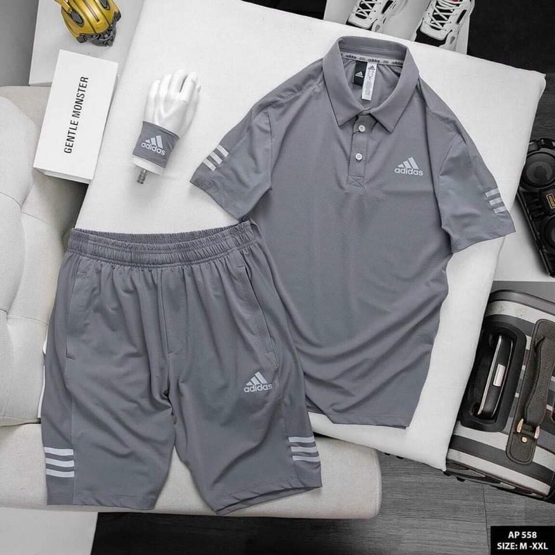 Bộ đồ thể thao mùa hè ba sọc, set đồ thun hè nam ADlDA áo polo logo 3 sọc chất cotton mát mịn co giãn 4 chiều