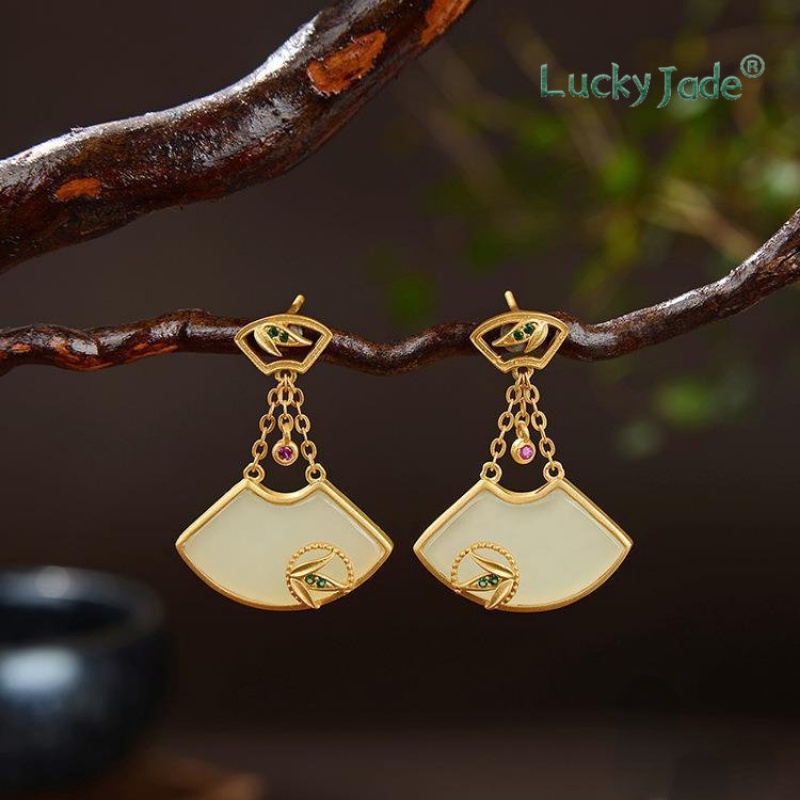 Bông Tai Mạ Vàng 925 Đính Đá Ngọc Bích Trắng 18K Sang Trọng