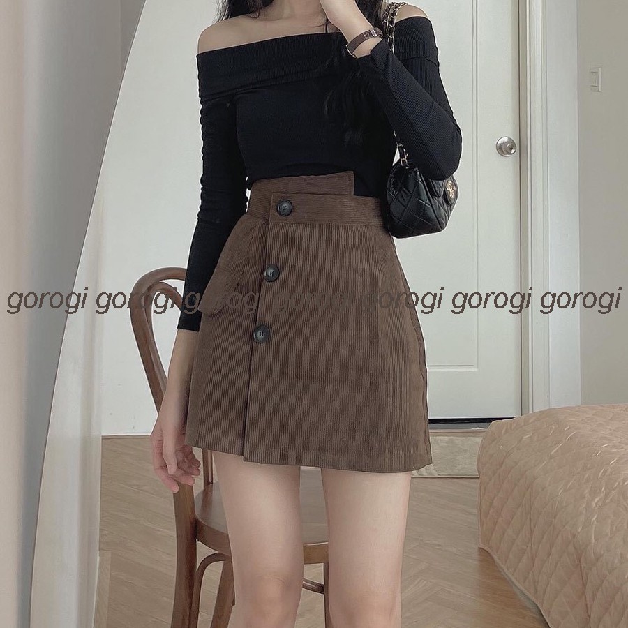 Chân váy chữ A nữ nhung tăm ngắn lưng cao đẹp công sở kèm quần lót trong đi chơi đi làm màu đen nâu trắng kem GOROGI