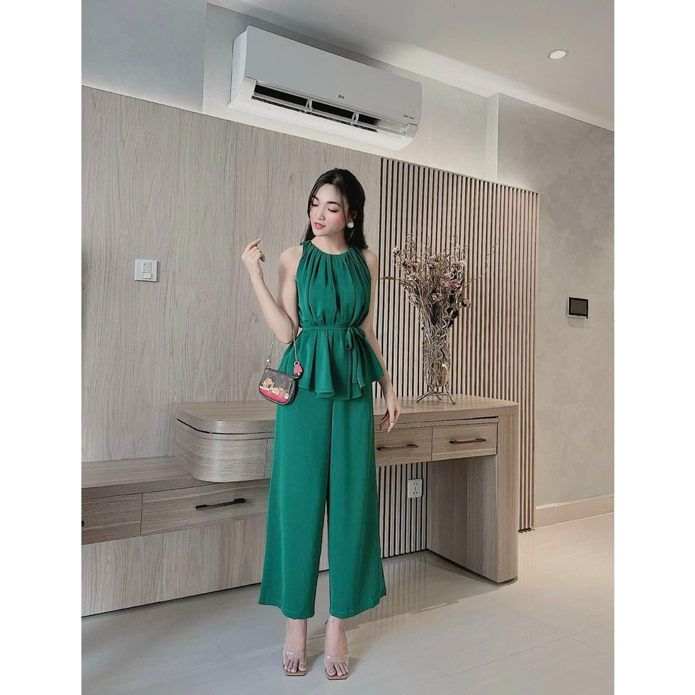 [Set bộ] Set áo và quần đi chơi phon cách cá tính với quần dài ống rộng kèm áo kiểu nữ cổ yếm có dây gút eo