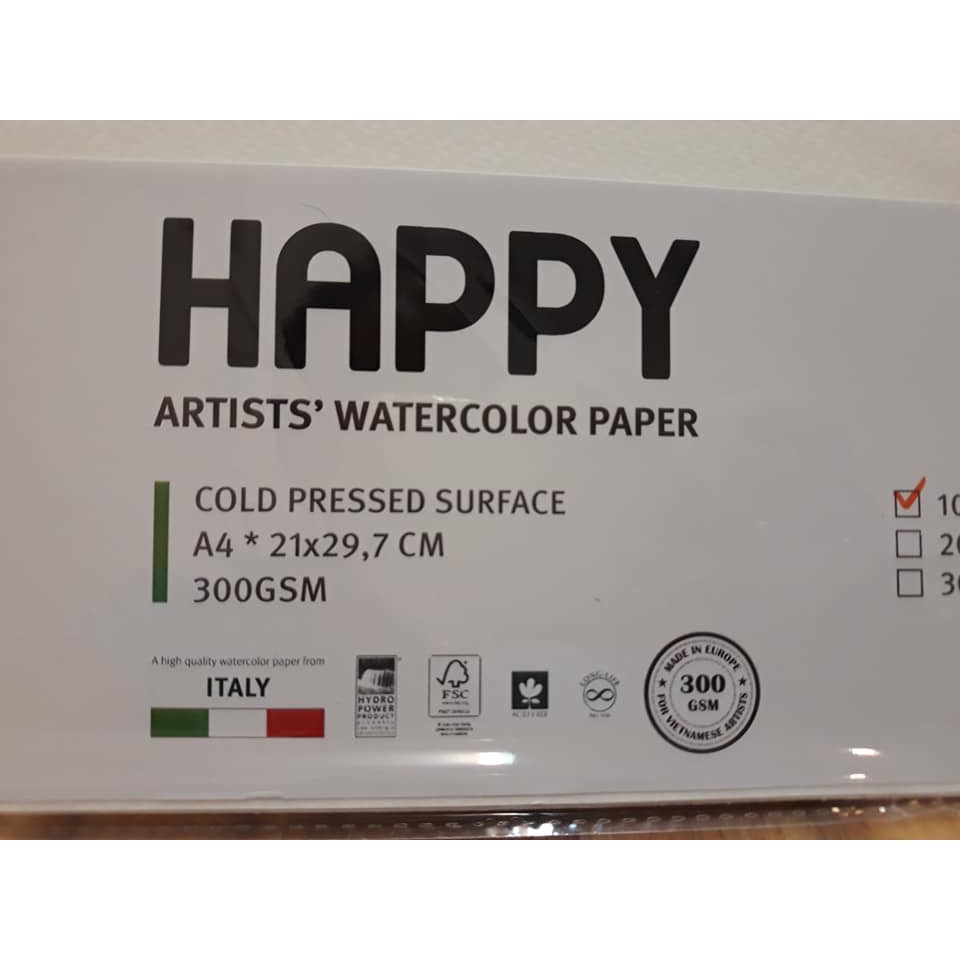 [Black-white shop] Giấy vẽ màu nước Happy, A4, xấp 10 tờ, 300gsm