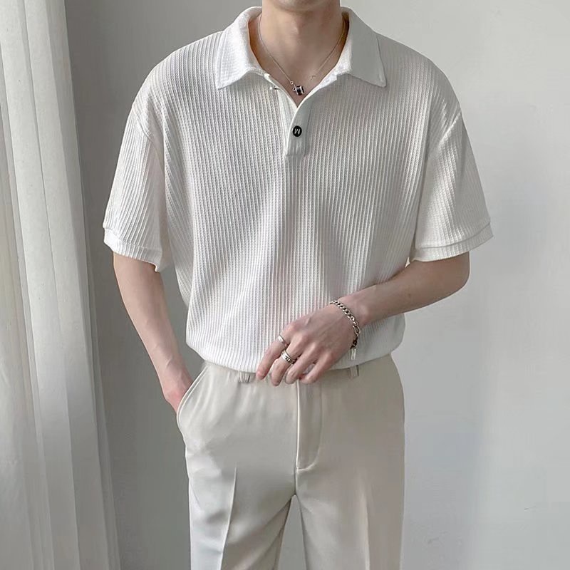 Áo Thun polo Tay Lỡ Cổ Bẻ Màu Trơn Dáng Rộng Phong Cách Hàn Quốc Thời Trang Mùa Hè Cho Nam Size M-2XL